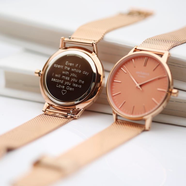 Architct Coral Engraved Ladies Watch - Rose Gold Mesh Strap & Personalised Modern Font