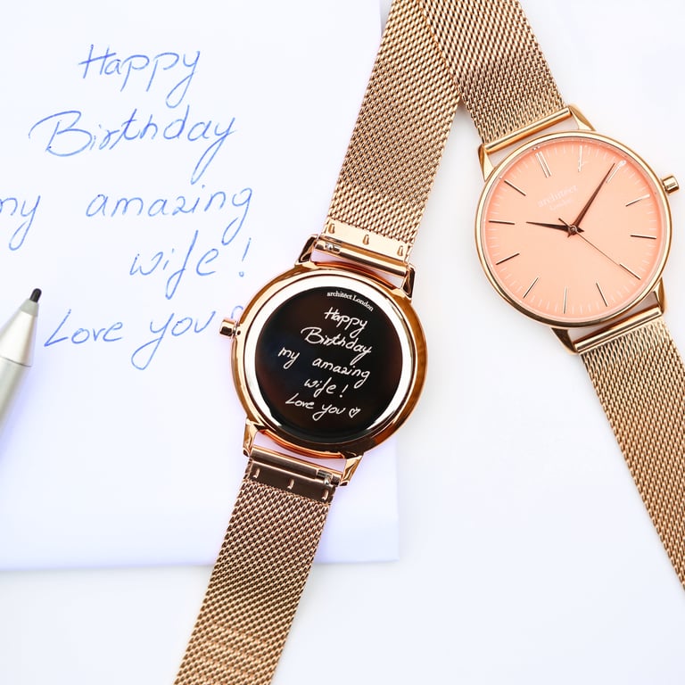 Architct Coral Ladies Watch - Personalized Handwriting Engraving Rose Gold Mesh Strap