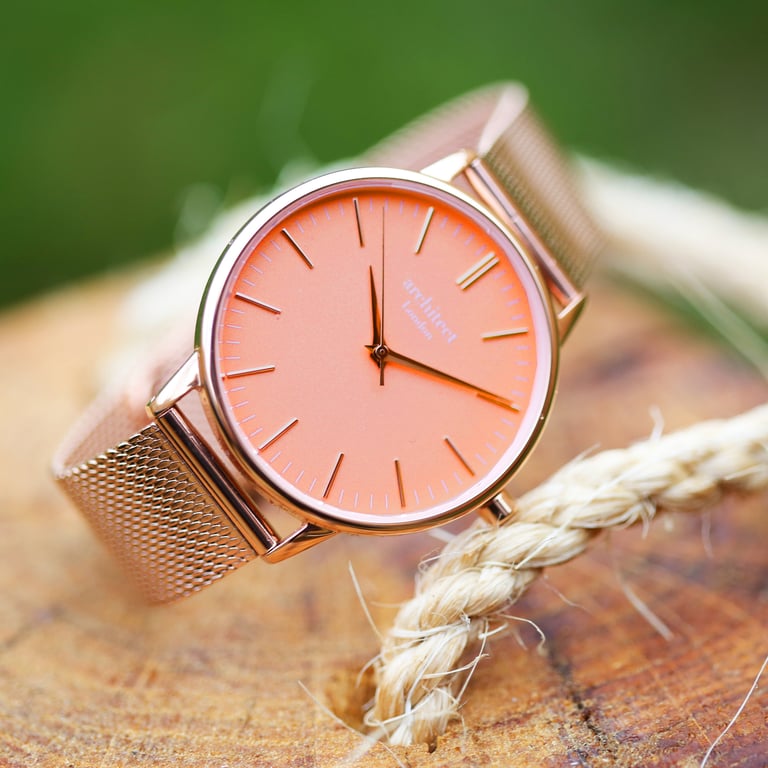 Architct Coral Ladies Watch - Personalized Handwriting Engraving Rose Gold Mesh Strap