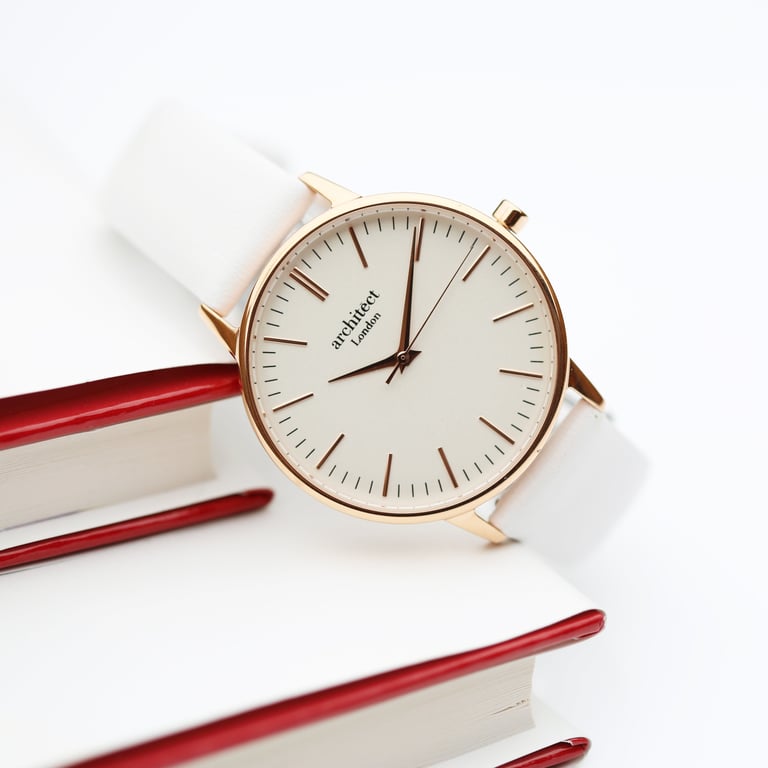 Personalized Ladies Architct Blanc Quartz Watch - Modern Font Engraving & White Strap