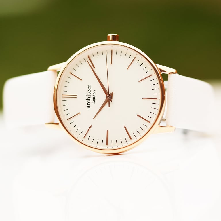 Personalized Ladies Architct Blanc Quartz Watch - Modern Font Engraving & White Strap