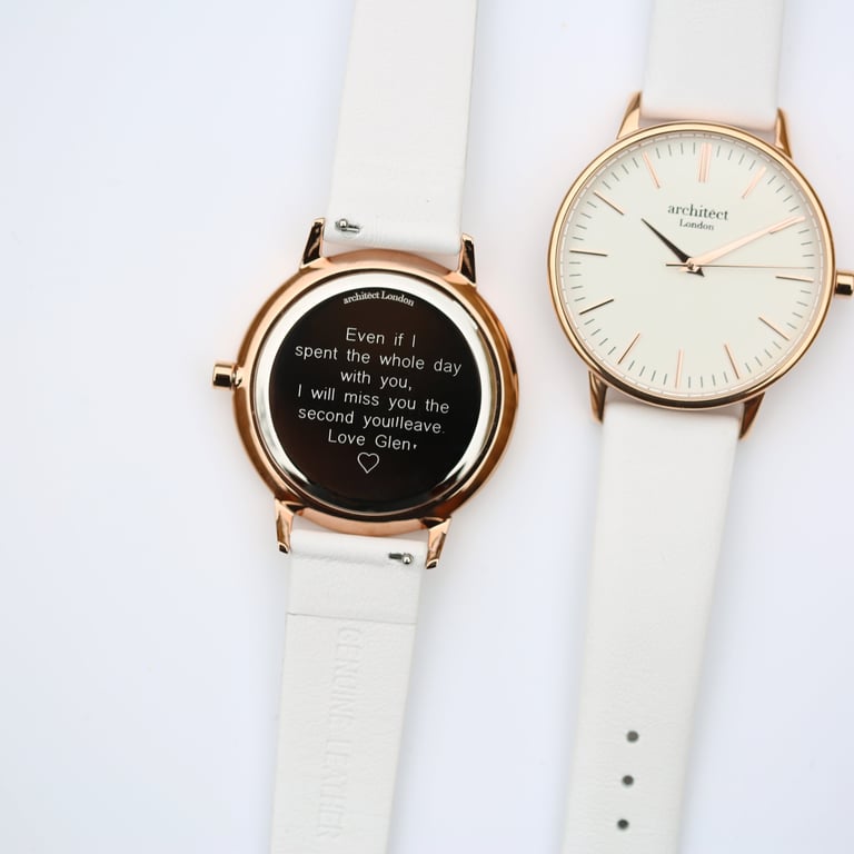 Personalized Ladies Architct Blanc Quartz Watch - Modern Font Engraving & White Strap