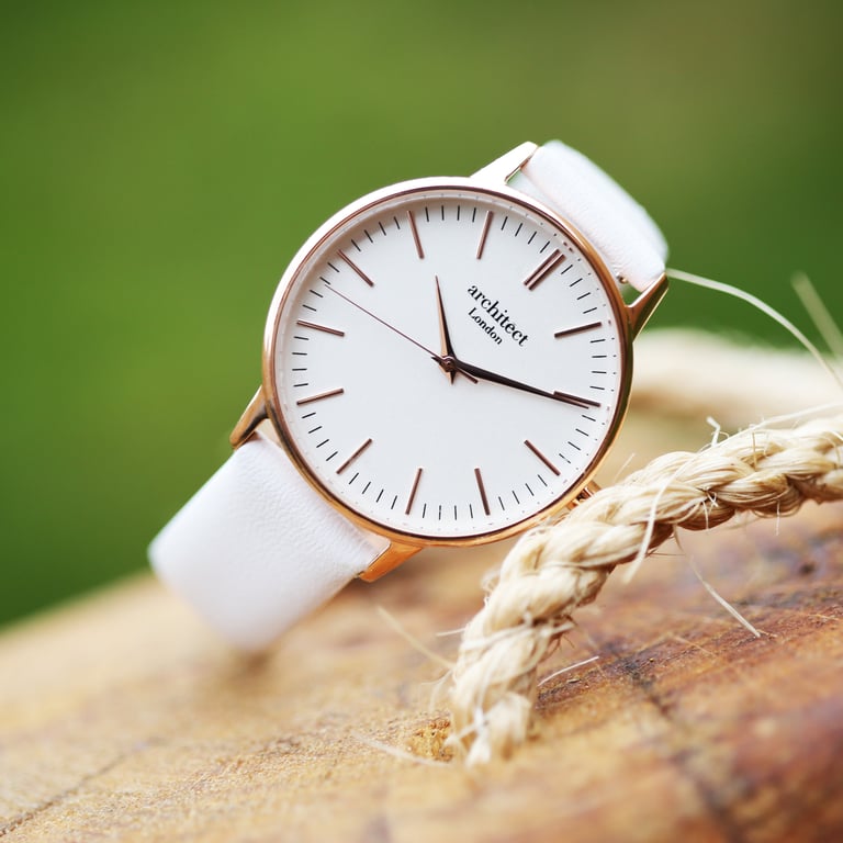 Personalized Ladies Architct Blanc Quartz Watch - Modern Font Engraving & White Strap