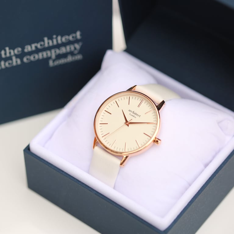 Personalized Ladies Architct Blanc Quartz Watch - Modern Font Engraving & White Strap