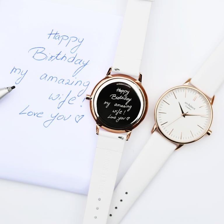 Personalized Ladies Architct Blanc Watch with Handwriting Engraving and White Leather Strap