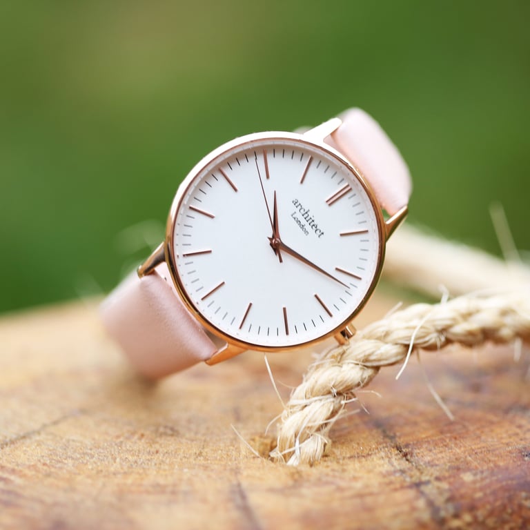 Personalised Ladies Architct Blanc Watch - Engraved Stainless Steel Case with Light Pink Strap