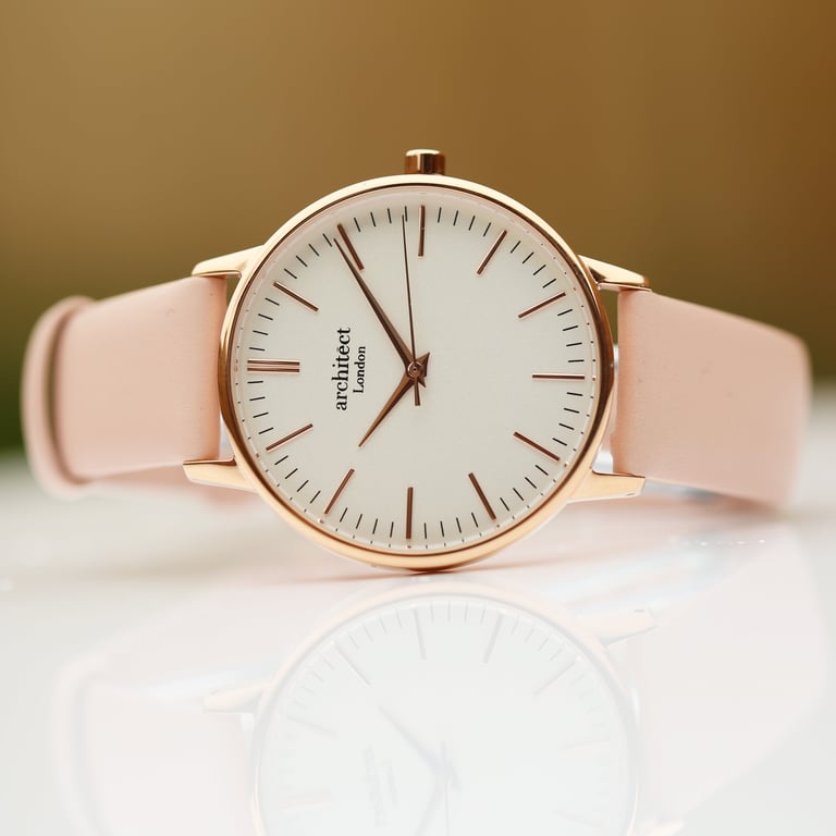 Personalised Ladies Architct Blanc Watch - Engraved Stainless Steel Case with Light Pink Strap