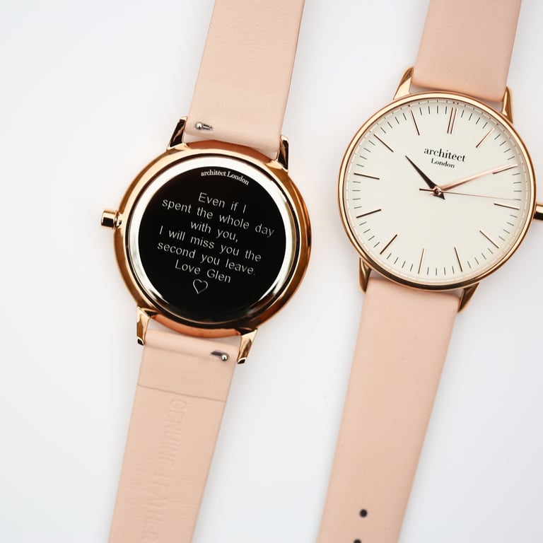 Personalised Ladies Architct Blanc Watch - Engraved Stainless Steel Case with Light Pink Strap