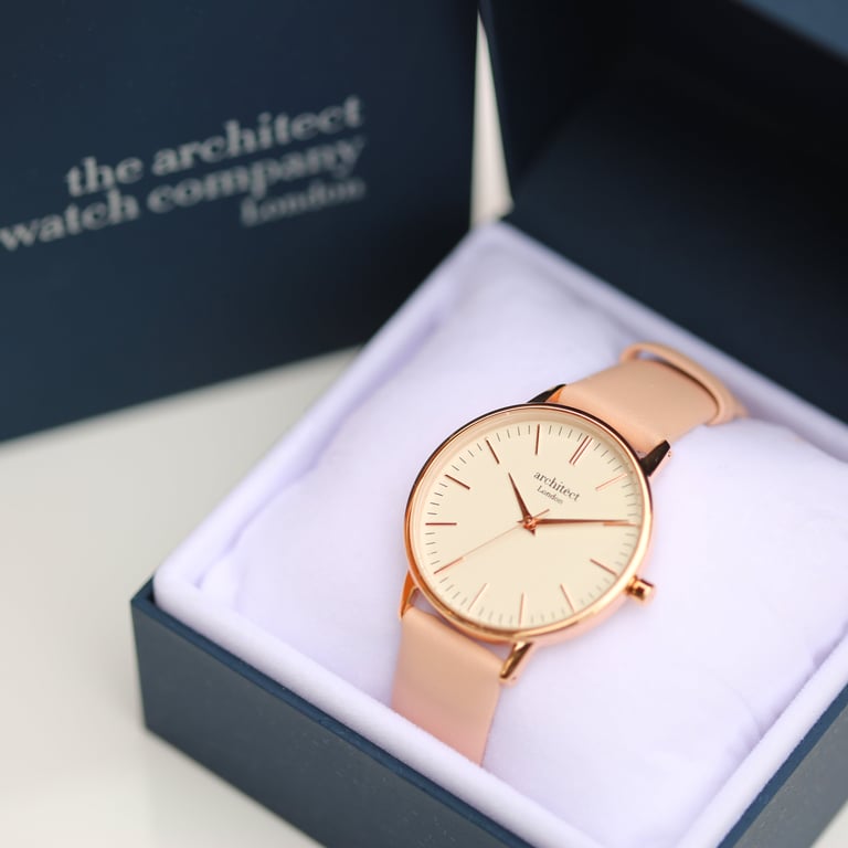 Personalised Ladies Architct Blanc Watch - Engraved Stainless Steel Case with Light Pink Strap