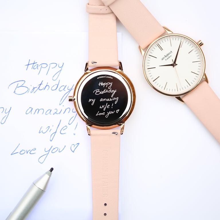 Personalized Ladies Architct Blanc Watch with Handwriting Engraving & Light Pink Strap