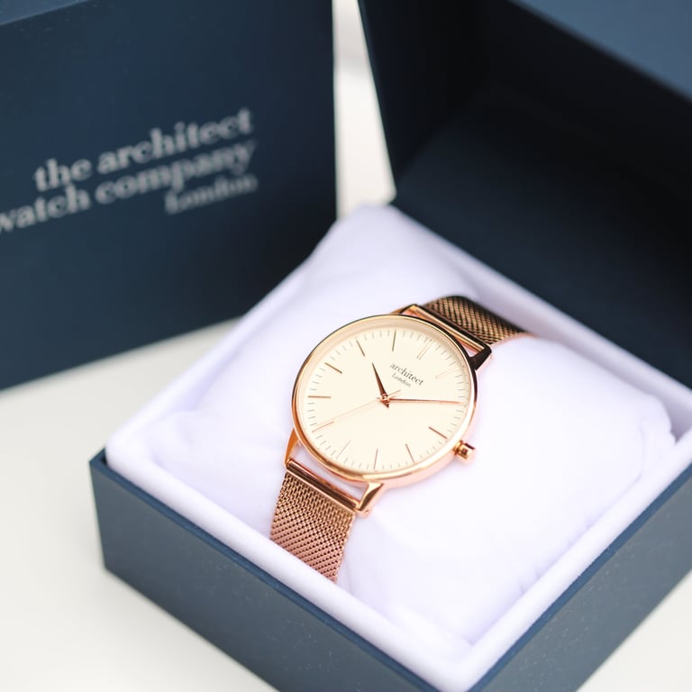 Personalized Ladies Architct Blanc Engraved Watch with Rose Gold Mesh Strap