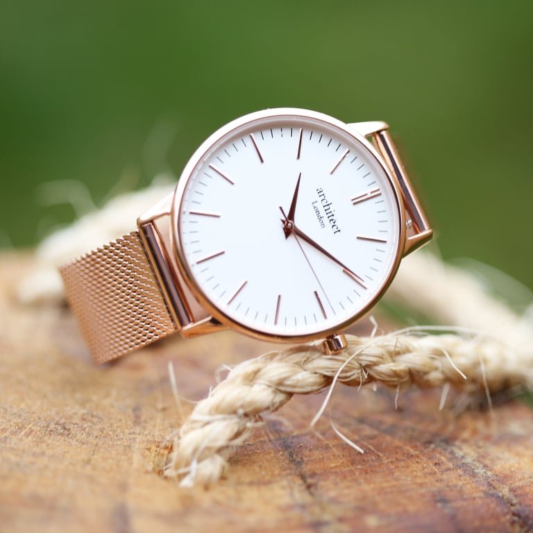 Personalized Ladies Architct Blanc Engraved Watch with Rose Gold Mesh Strap