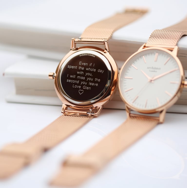 Personalized Ladies Architct Blanc Engraved Watch with Rose Gold Mesh Strap