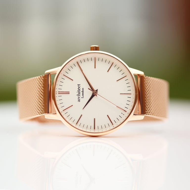 Personalized Ladies Architct Blanc Engraved Watch with Rose Gold Mesh Strap