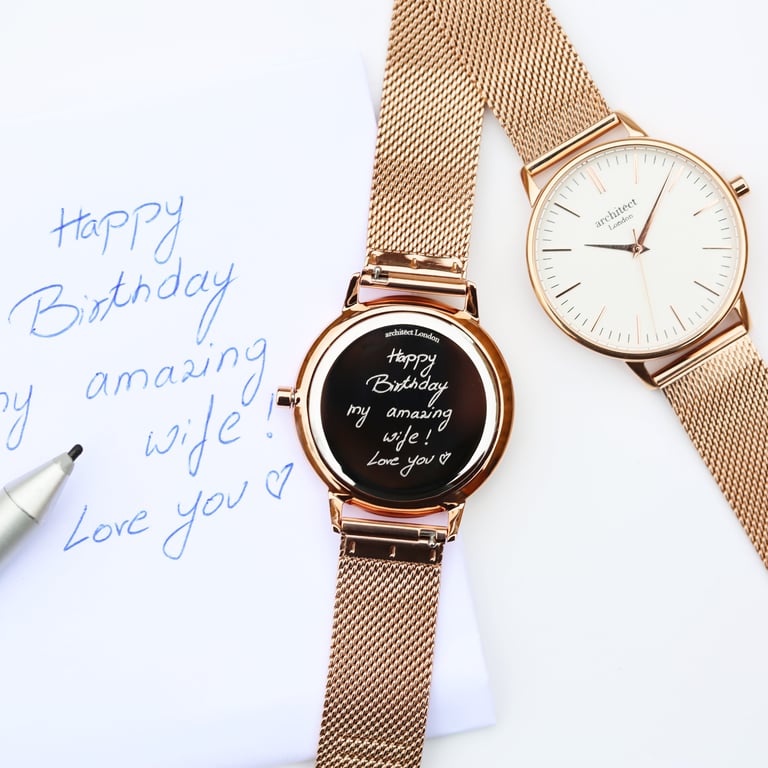 Architct Blanc - Personalized Ladies Watch with Handwriting Engraving & Rose Gold Mesh Strap