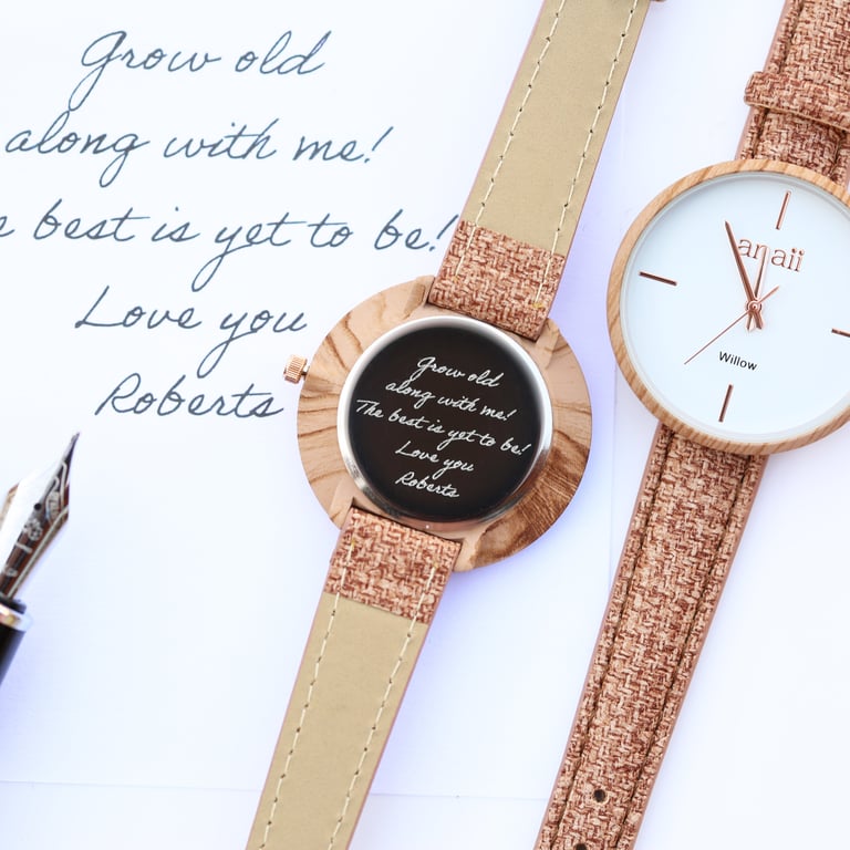 Handwriting Engraved Anaii Watch - Hazel Wood Personalised Quartz Movement Timepiece