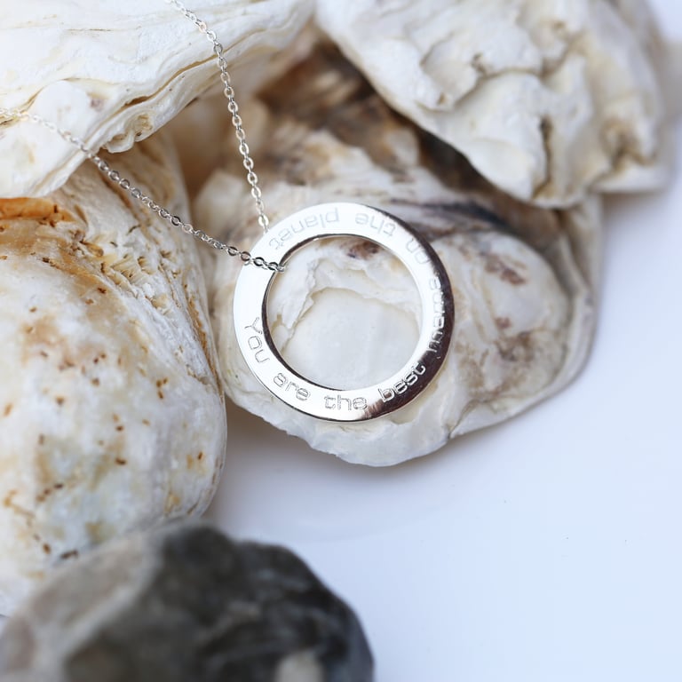 925 Sterling Silver Engraved Halo Necklace - Personalised Modern Sentimental Gift