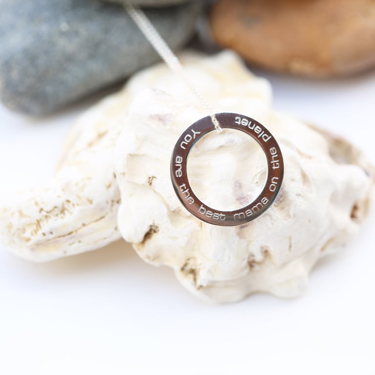 925 Sterling Silver Engraved Halo Necklace - Personalised Modern Sentimental Gift