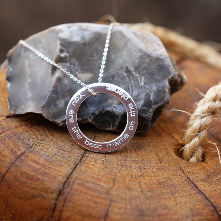 925 Sterling Silver Engraved Halo Necklace - Personalised Modern Sentimental Gift