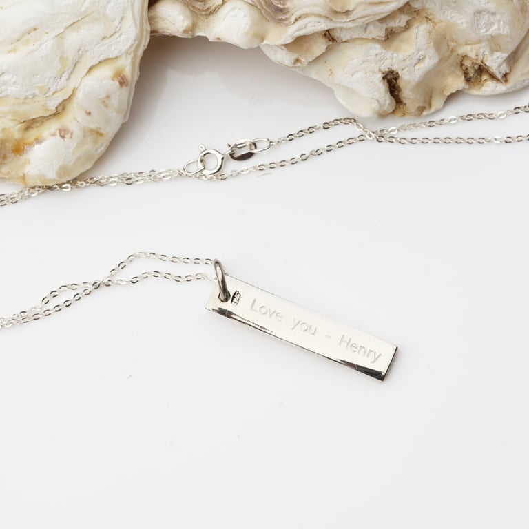 Sterling Silver Engraved Bar Necklace - Personalized Italian Made 925 Sterling Silver Chain