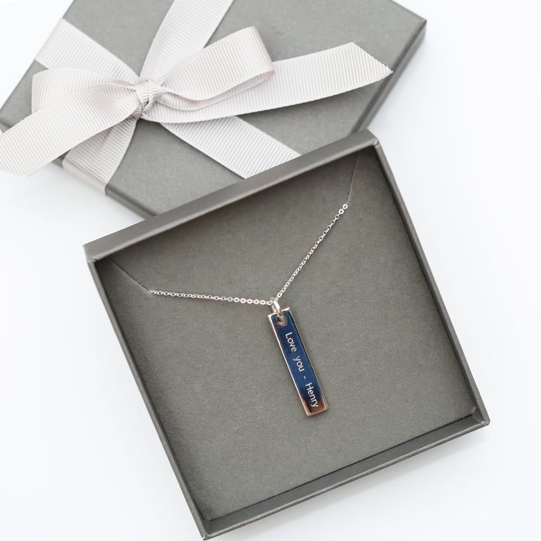 Sterling Silver Engraved Bar Necklace - Personalized Italian Made 925 Sterling Silver Chain