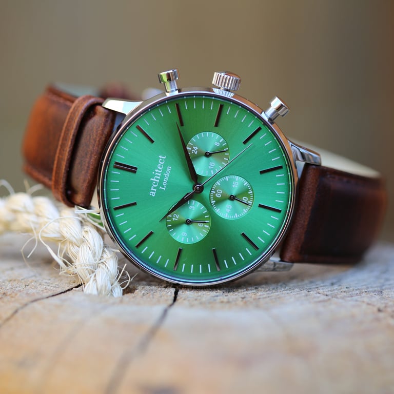 Personalized Architect Motivator Chronograph Watch - Envy Green with Walnut Strap