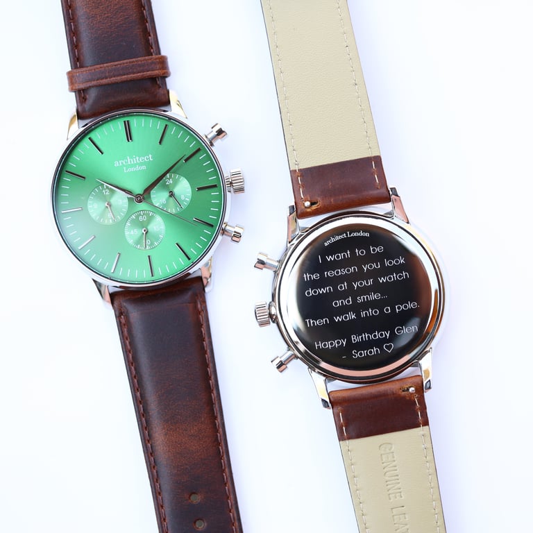 Personalized Architect Motivator Chronograph Watch - Envy Green with Walnut Strap