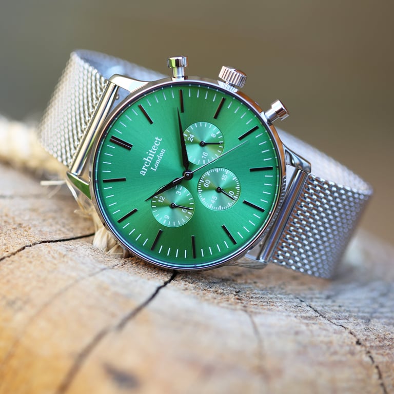 Architect Motivator Watch - Personalized Handwriting Engraving Timepiece with Chronograph Subdials and Milanese Mesh Strap