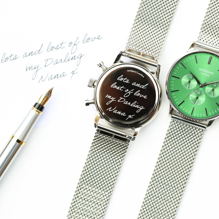 Architect Motivator Watch - Personalized Handwriting Engraving Timepiece with Chronograph Subdials and Milanese Mesh Strap