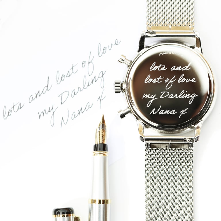Architect Motivator Watch - Personalized Handwriting Engraving Timepiece with Chronograph Subdials and Milanese Mesh Strap