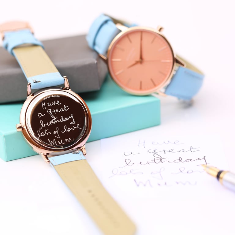 Personalized Architct Coral Ladies Watch - Handwriting Engraving & Light Blue Strap