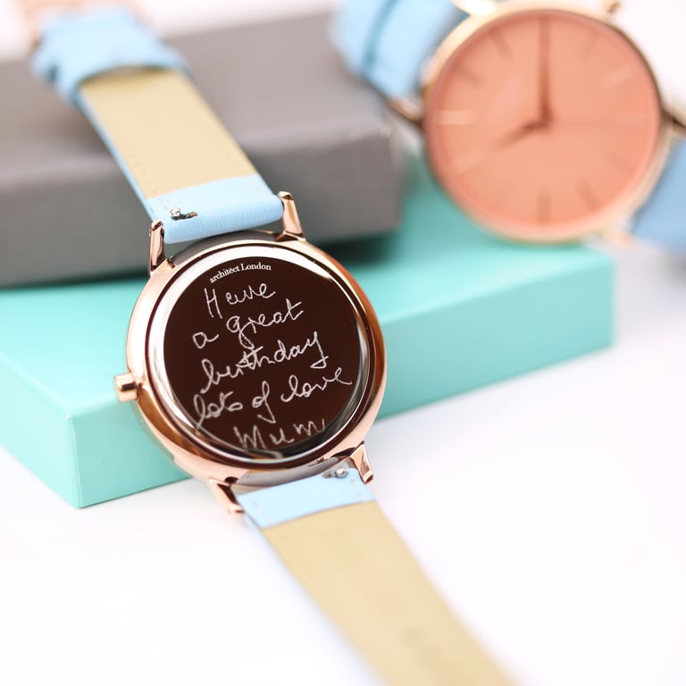 Personalized Architct Coral Ladies Watch - Handwriting Engraving & Light Blue Strap