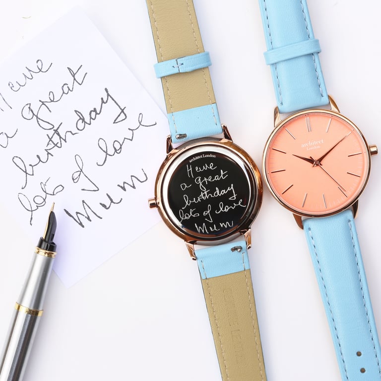 Personalized Architct Coral Ladies Watch - Handwriting Engraving & Light Blue Strap