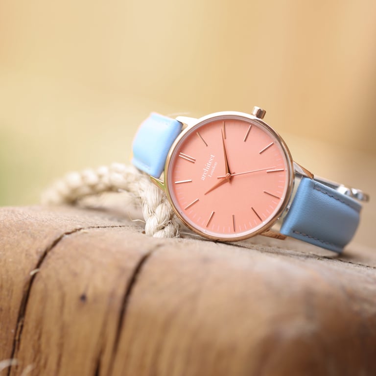 Personalized Architct Coral Ladies Watch - Handwriting Engraving & Light Blue Strap