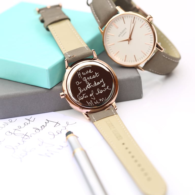Personalized Ladies Architct Blanc Watch - Handwriting Engraving & Light Grey Strap