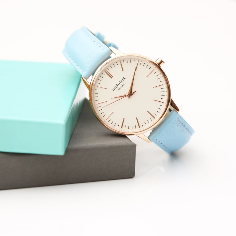 Architect Blanc Personalized Watch - Stainless Steel Case & Light Blue Strap with Engraved Modern Font