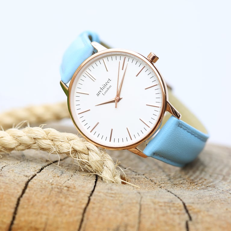 Architect Blanc Personalized Watch - Stainless Steel Case & Light Blue Strap with Engraved Modern Font