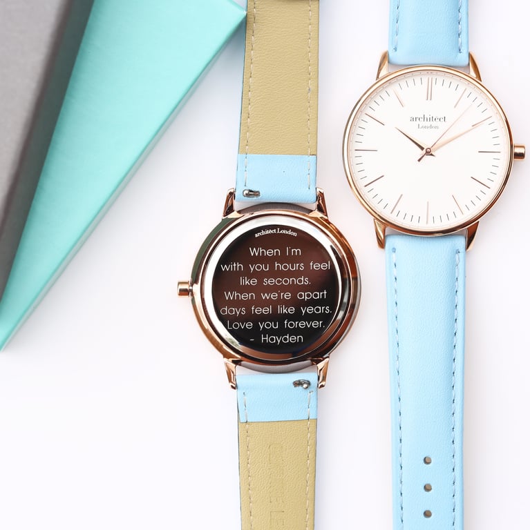 Architect Blanc Personalized Watch - Stainless Steel Case & Light Blue Strap with Engraved Modern Font
