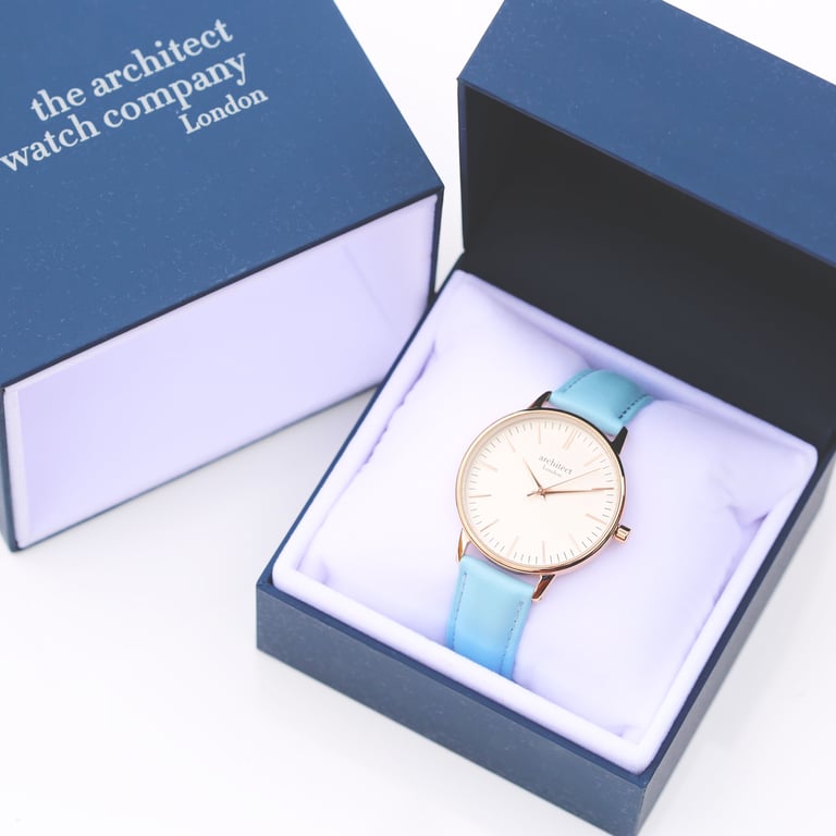 Architect Blanc Personalized Watch - Stainless Steel Case & Light Blue Strap with Engraved Modern Font