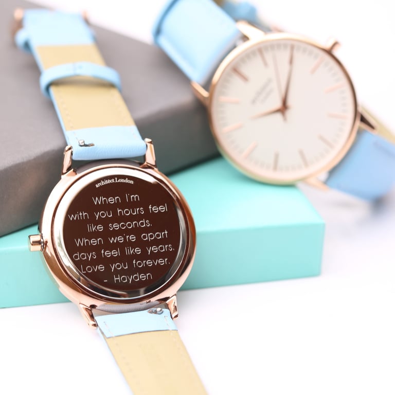 Architect Blanc Personalized Watch - Stainless Steel Case & Light Blue Strap with Engraved Modern Font