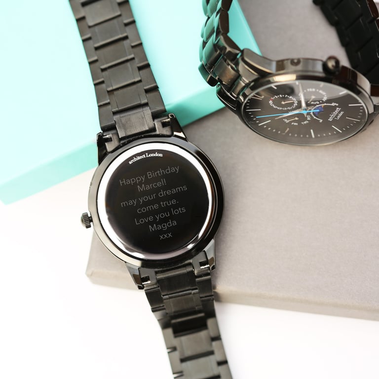 Architect Apollo Black - Personalised Moonphase Watch with Modern Font Engraving