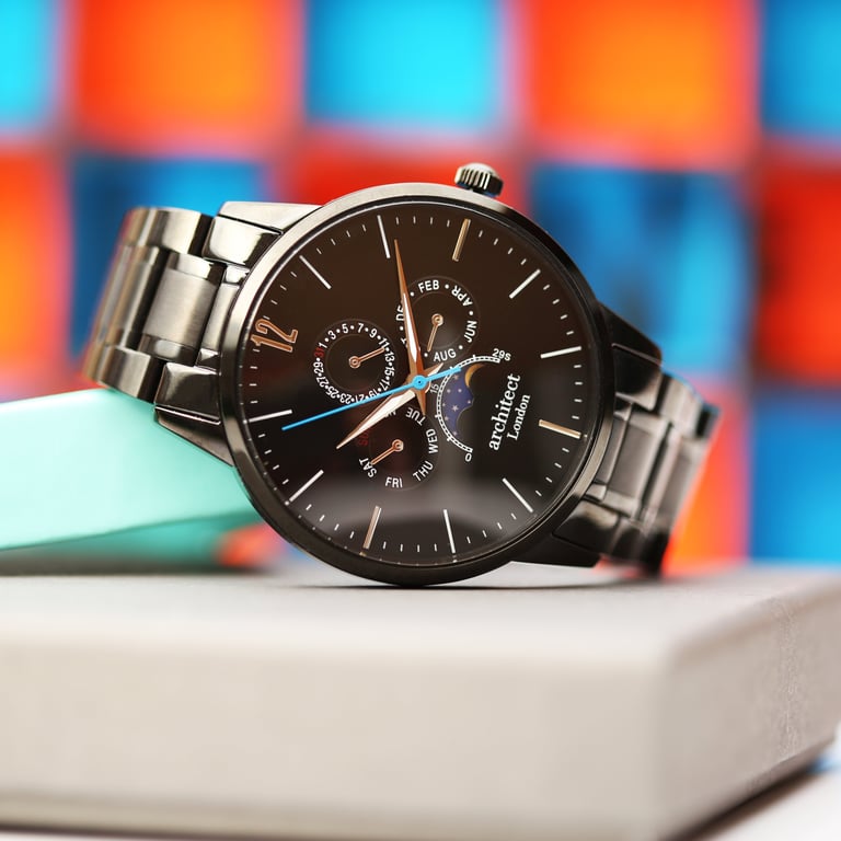 Architect Apollo Black - Personalised Moonphase Watch with Modern Font Engraving