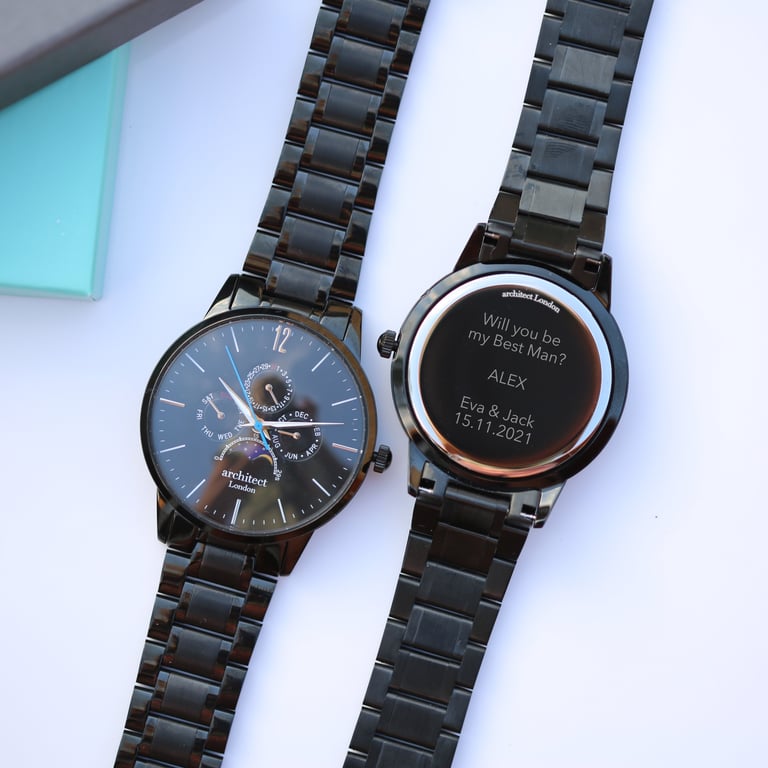 Architect Apollo Black - Personalised Moonphase Watch with Modern Font Engraving