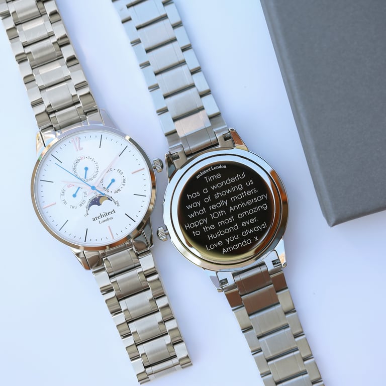Men s Architect Apollo White - Personalised Moonphase Watch with Modern Font Engraving