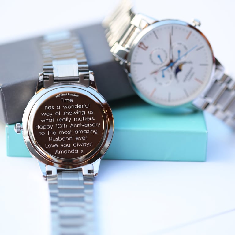 Men s Architect Apollo White - Personalised Moonphase Watch with Modern Font Engraving