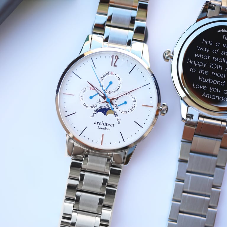 Men s Architect Apollo White - Personalised Moonphase Watch with Modern Font Engraving