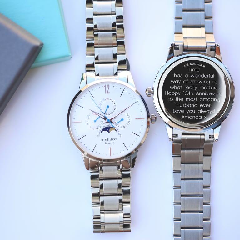 Men s Architect Apollo White - Personalised Moonphase Watch with Modern Font Engraving