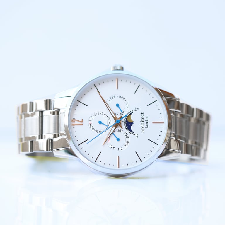 Architect Apollo White - Personalised Men s Moonphase Watch with Handwriting Engraving