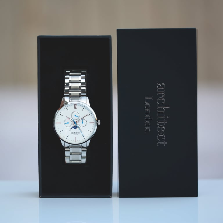 Architect Apollo White - Personalised Men s Moonphase Watch with Handwriting Engraving