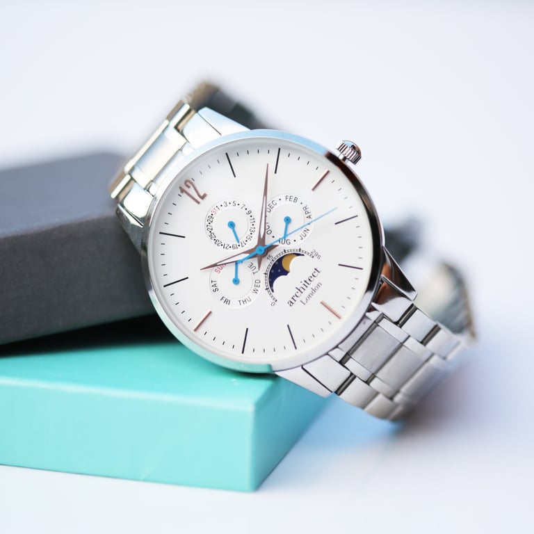 Architect Apollo White - Personalised Men s Moonphase Watch with Handwriting Engraving